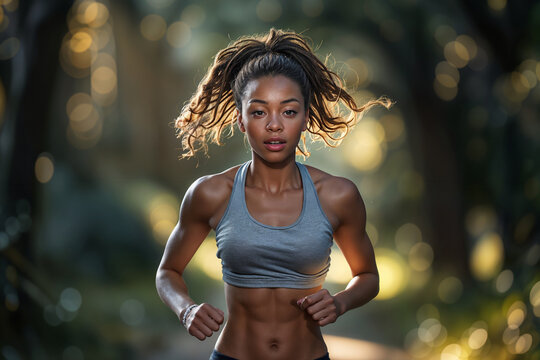 Woman jogging in the morning, runner on a run. Background with selective focus and copy space