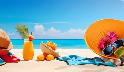 Fototapeta na wymiar ananas juice with sunglasses in hat on sand beach with calm waves