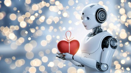 Cute robot gifting heart to animals on magical background, valentine s day concept with copy space