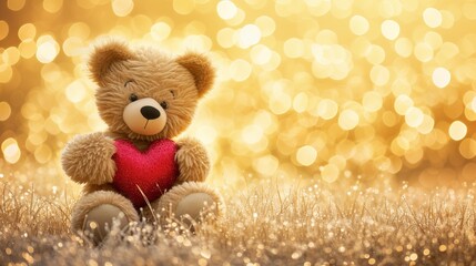 Fototapeta premium Baby bear gifting heart on blurred magical background for valentine s day with copy space