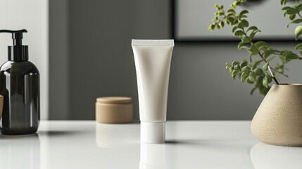 An elegant display of an empty oval-shaped hand cream tube on a clean white surface, with a focus on minimalism.