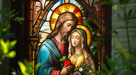 Obraz na płótnie Canvas Stained Glass, Jesus and Maria