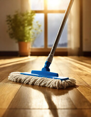 Polishing the wooden floor with a mop specially designed for this type of flooring