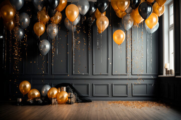 Naklejka premium Gold and black balloons with sparkles on black background for a celebration party. greeting card or sales.