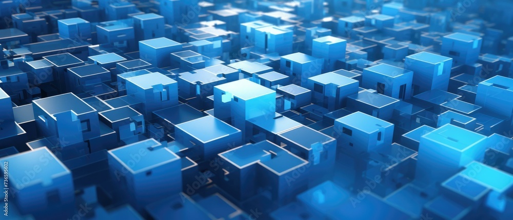 Poster 3d rendering of a city with blue cubes. generative ai.