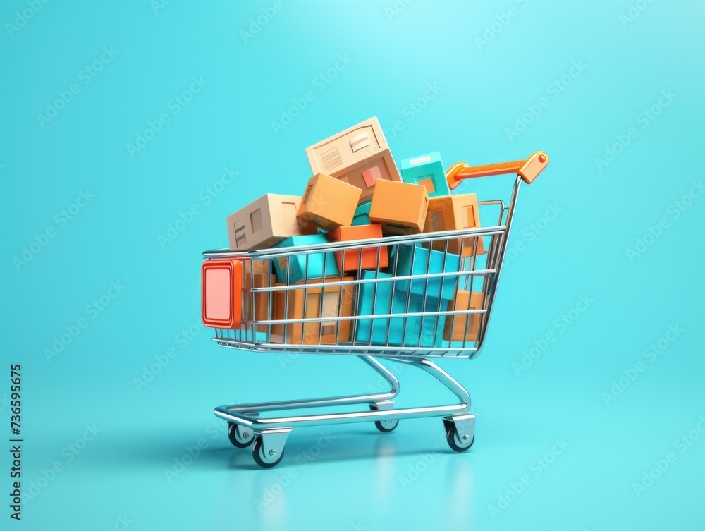 Poster shopping cart with boxes on blue background 3d rendering. generative ai.