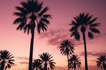 Palm trees silhouettes at sunset. Colorful sky with pink and purple colors. Generative AI