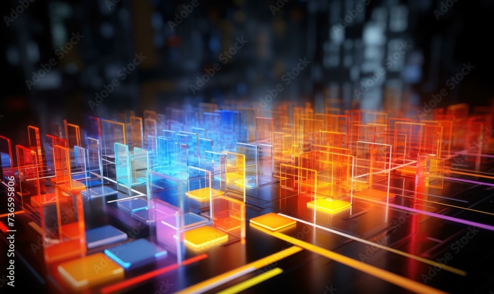 Poster abstract digital city background with glowing cubes. generative ai.