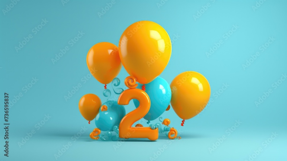 Poster the number two is surrounded by balloons and blue. generative ai.