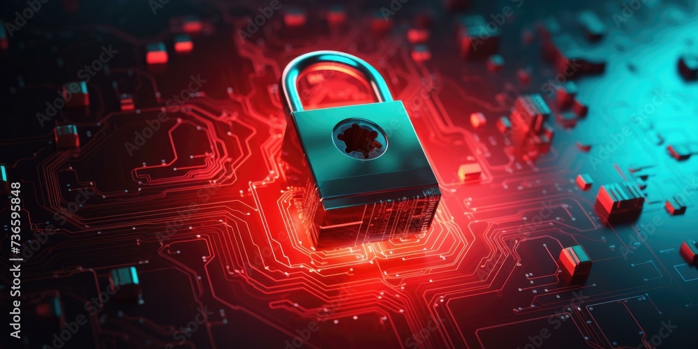 Poster a padlock on a circuit board with red light. generative ai.