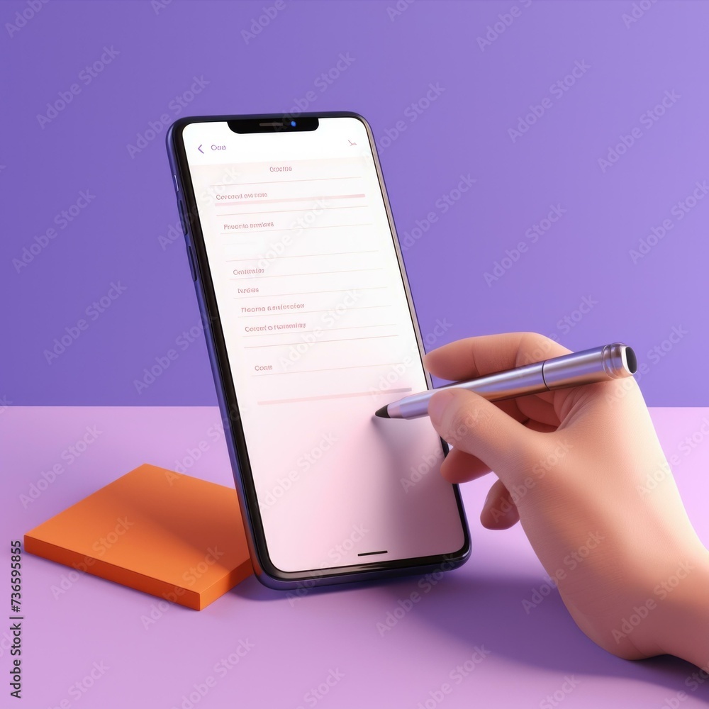 Poster hand writing on a smartphone with a pen on a desk 3d . generative ai.