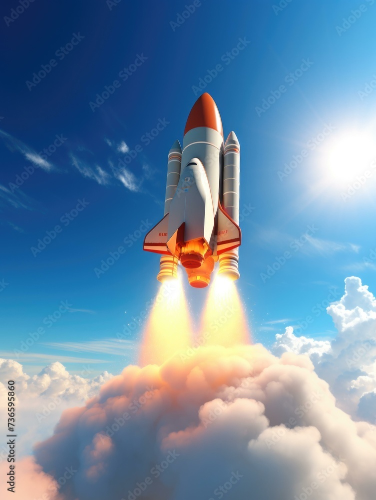 Poster a rocket is flying through the clouds. generative ai.