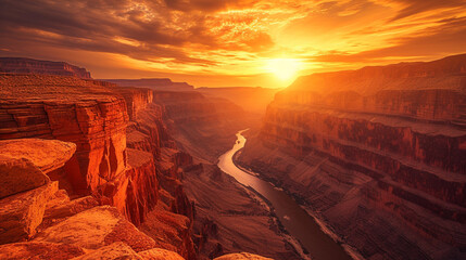 A fiery sunset over a desert canyon, the walls of the canyon glowing in the warm light, and a tranquil river flowing at the bottom