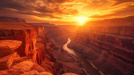 Schilderijen op glas A fiery sunset over a desert canyon, the walls of the canyon glowing in the warm light, and a tranquil river flowing at the bottom © Creative artist1