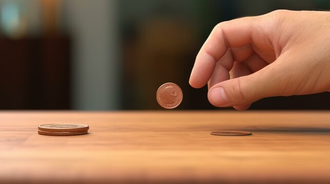 A person is holding a coin over a table. Generative AI.