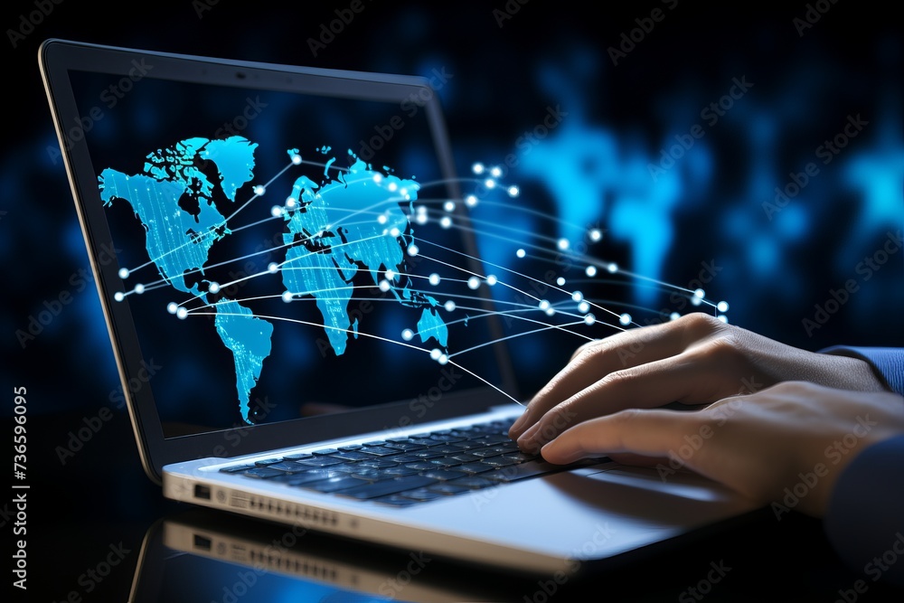 Poster global network and data synchronization on modern laptop, technology concept in cool colors