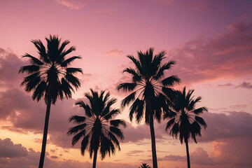 Fototapeta na wymiar Palm trees silhouettes at sunset. Colorful sky with pink and purple colors. Generative AI
