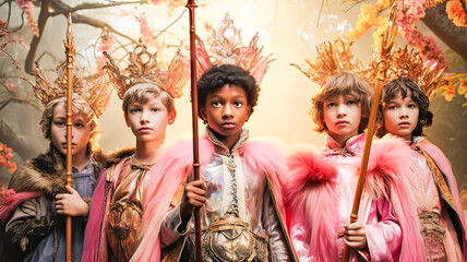 Fototapeta premium Diverse kids in fairy attire, serious expressions, yellow background, challenging stereotypes.