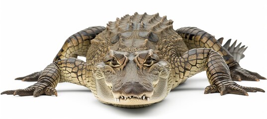 Single alligator standing alone on white background, isolated reptile wildlife portrait