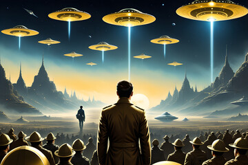 Vintage, retro alien invasion art illustration 