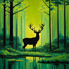 Forest deer, elk, buck, antlers in folk art style 