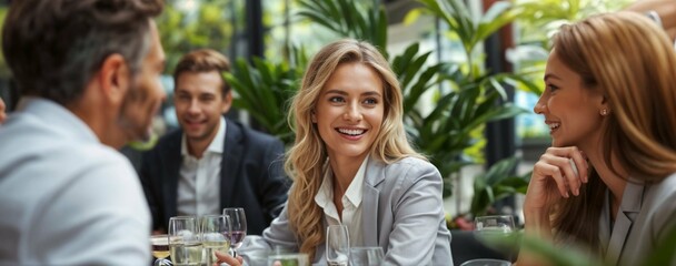 Business Lunch Gathering with Smiling Blonde Woman in Foreground, Indoor Setting with Green Plants