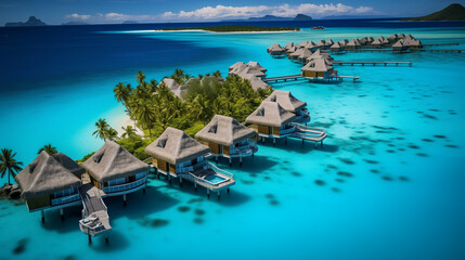 Obraz premium The Maldives, overwater bungalows, coral atolls, and stunning shades of blue in the Indian Ocean. Aerial View