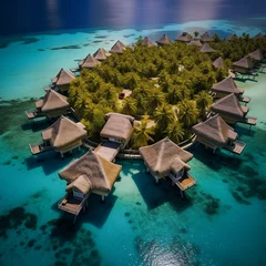 Store enrouleur tamisant sans perçage Bora Bora, Polynésie française The Maldives, overwater bungalows, coral atolls, and stunning shades of blue in the Indian Ocean.  Bora Bora, French Polynesia. Drone View.