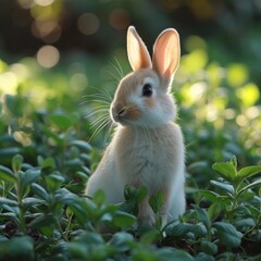 Fototapeta premium Beautiful Furry Easter Rabbit Bunny on Sunny Meadow. Bokeh Lights, Spring Garden, Traditional Easter Scene.