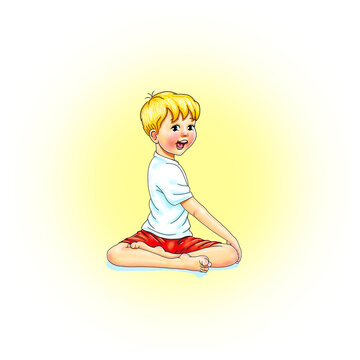 Kids Yoga Joga für Kinder, Asana leiche Drehung, Gesunde Bewegung und Sport Ausgleich, Junge macht barfuß  Yoga Haltung Pose mit fröhlichem Gesicht, Spaß und Hobby, Yogi Logo auf Hintergrund in weiß