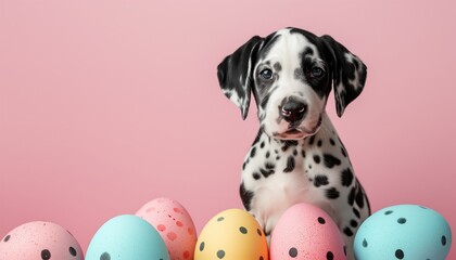 Adorable dalmatian puppy with Easter eggs in a basket. Copy space