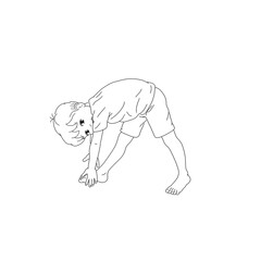 Glückliche Kids Yoga Joga für Kinder Asana Pyramide Gesunde Bewegung und Sport Ausgleich Junge macht barfuß  Yoga Haltung Pose mit fröhlichem Gesicht, Spaß und Hobby, Yogi Logo auf Hintergrund in weiß