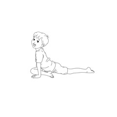 Kids Yoga Joga für Kinder, Asana Wellensittich, Gesunde Bewegung und Sport Ausgleich, Junge macht barfuß  Yoga Haltung Pose mit fröhlichem Gesicht, Spaß und Hobby, Yogi Logo auf Hintergrund in weiß