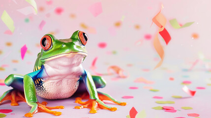 Cute frog Symbol of the day in a leap year, celebrating the frog jump event, on a festive background with flying confetti on a pastel background