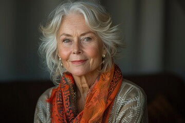 Portrait of a senior woman looking at the camera. Positive healthy mature woman with gray hair. Copy space
