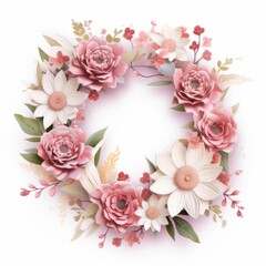 Elegant paper art floral wreath with pink roses and white daisies on a beige background. Creative and textured pastel paper art blooms in a decorative arrangement.