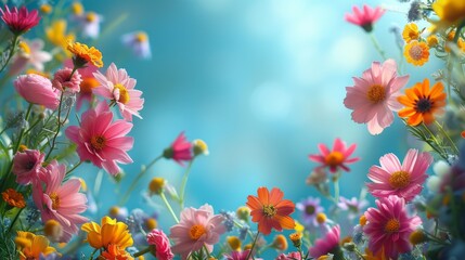 Wild cosmos and daisies blooming in a vibrant spring field. Colorful garden of pink and orange flowers against a bright blue sky.