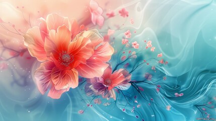 Ethereal flowers floating on water in pink and blue hues. Chic and modern botanical art with vibrant pink blossoms and blue swirls background with space for text.