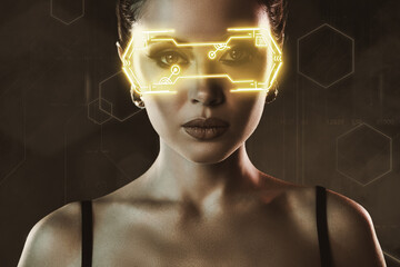 Creative futuristic collage of lady wear illuminated goggles in metaverse reality black background