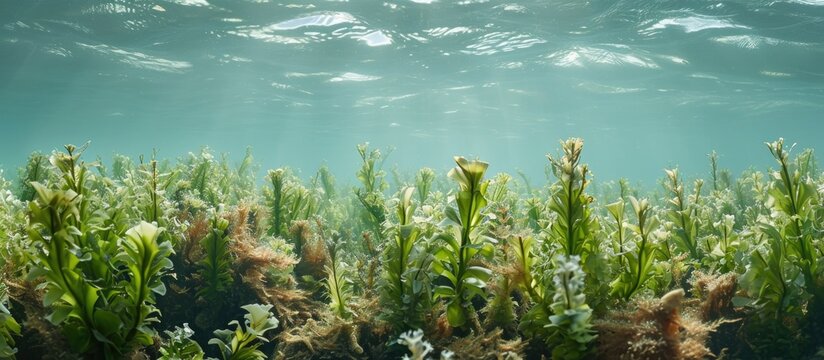 Underwater photograph of laminaria sea kale in a saltwater ocean reef.