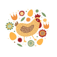 Funny cartoon chicken walks among flowers and berries on isolated background. Cute poultry or farm bird. Picture for design of children`s clothing, postcard, poster. Flat colorful vector illustration.