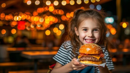 Naklejka premium Smiling preteen savoring cheeseburger in restaurant with blurred background for text placement.