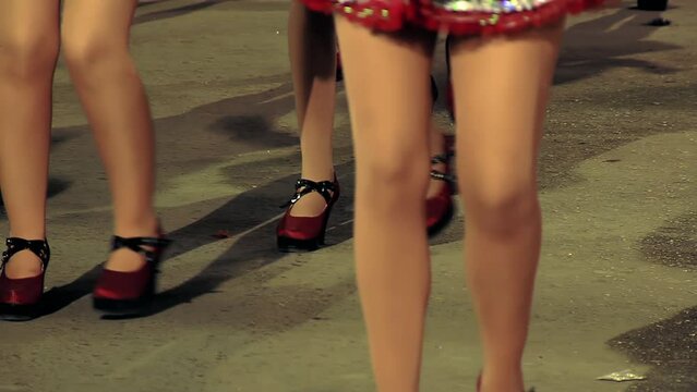 Legs of Women Dancing During the Carnival in Oruro, Bolivia. Low Angle View. 4K Resolution.
