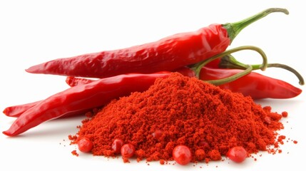 Red chili peppers and powder isolated on white for cooking and seasoning in culinary applications.