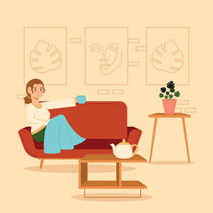 Relaxed woman taking a coffee cup Hygge concept Vector illustration