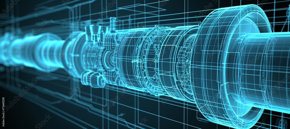 Poster holographic 3d model of mechanical system for engineering and business with blurred background