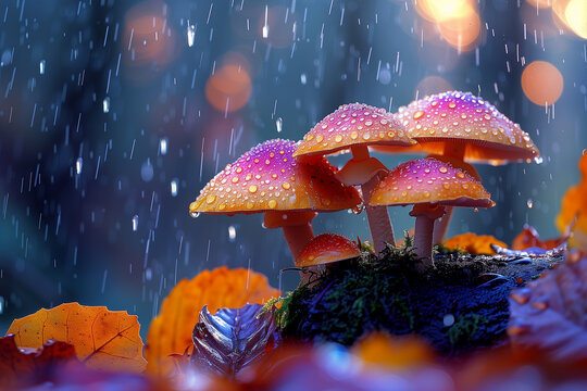 Autumn seasonal background, little mushrooms growing on a tree trunk in wet moss and fallen leaves, on forest floor under rain drops and autumnal sun - Fall season magical ambience.