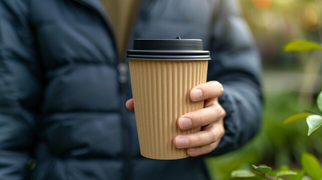 Close Up Of Senior Man S Hand Holding An Empty Coffee To Go Paper Cup, With A Focus On The Details