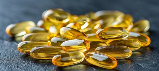 Vibrant close up of vitamin d, e, yellow fish oil, and omega 3 6 9 capsules with detailed textures
