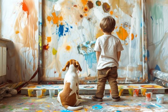 The boy painted the wall with paints, with his friend the dog, man's best friend, blots and stains